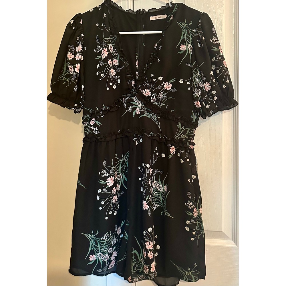 mi ami Black Floral Print Ruffle Trim Romper Short Sleeve Womens Franchescas M - Picture 7 of 9